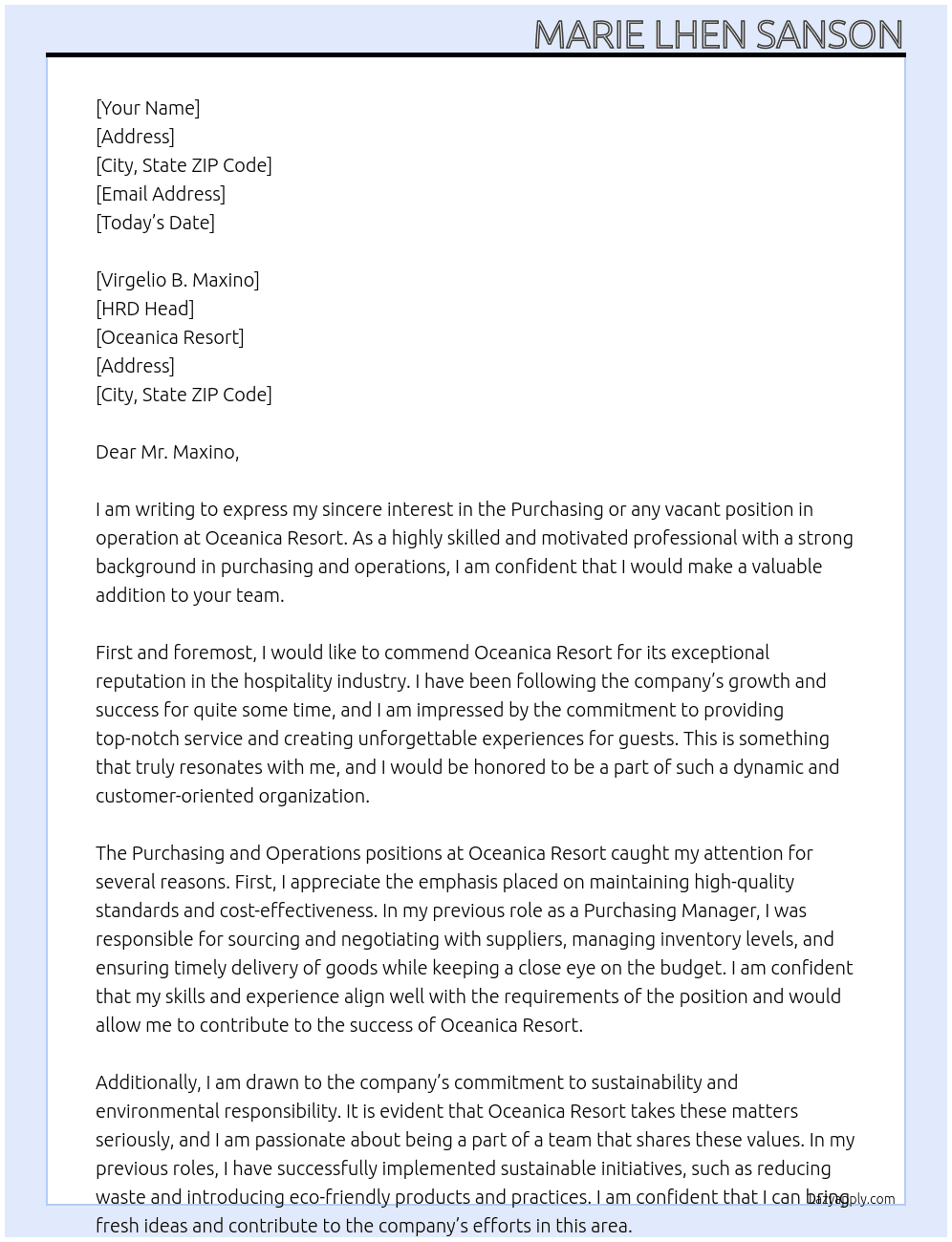 Cover letter for purchasing or any vacant position in operation - LazyApply