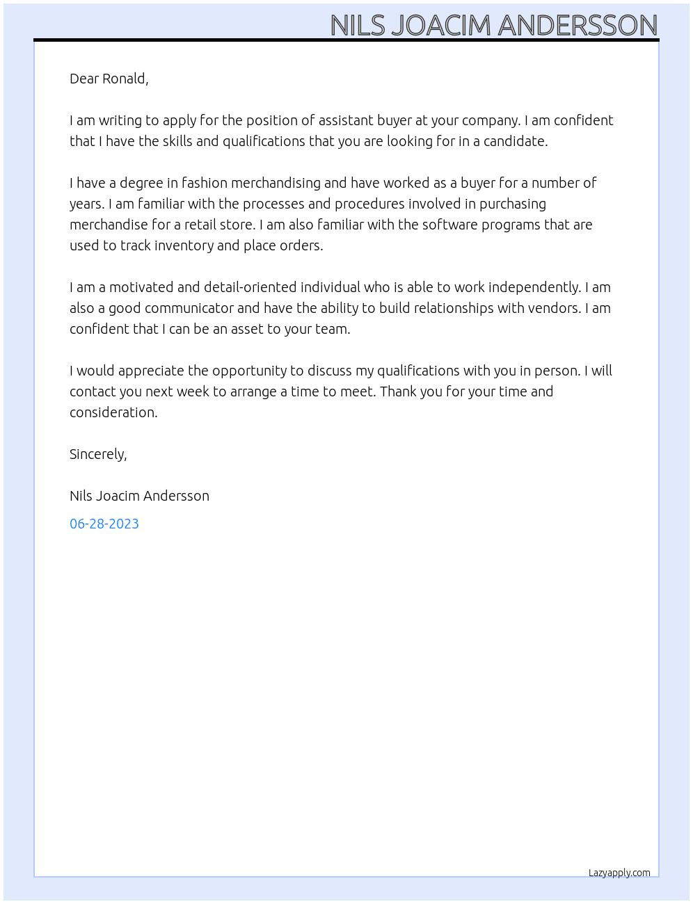 assistant buyer At Ronald Cover Letter
