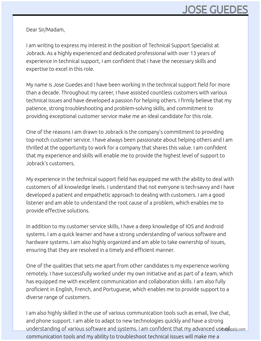 Technical Support Specialist At Jobrack Cover Letter