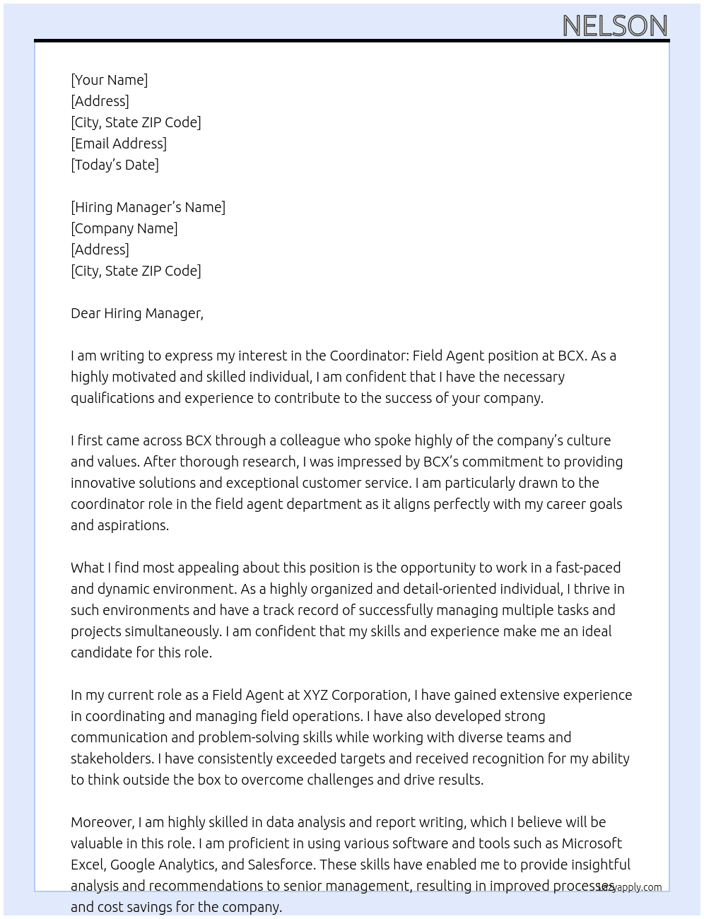 Coordinator: Field Agent  At BCX Cover Letter