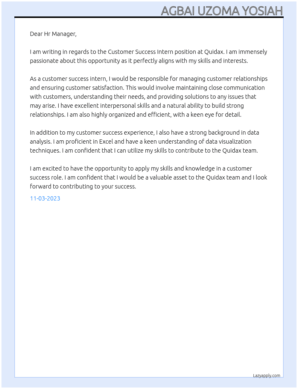 Customer Success Intern At Quidax Cover Letter