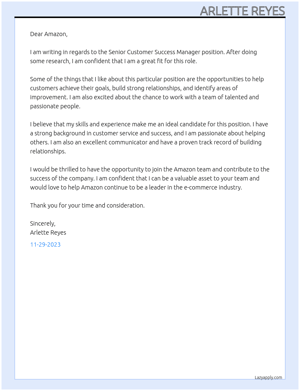 Senior Customer Success Manager At Amazon Cover Letter