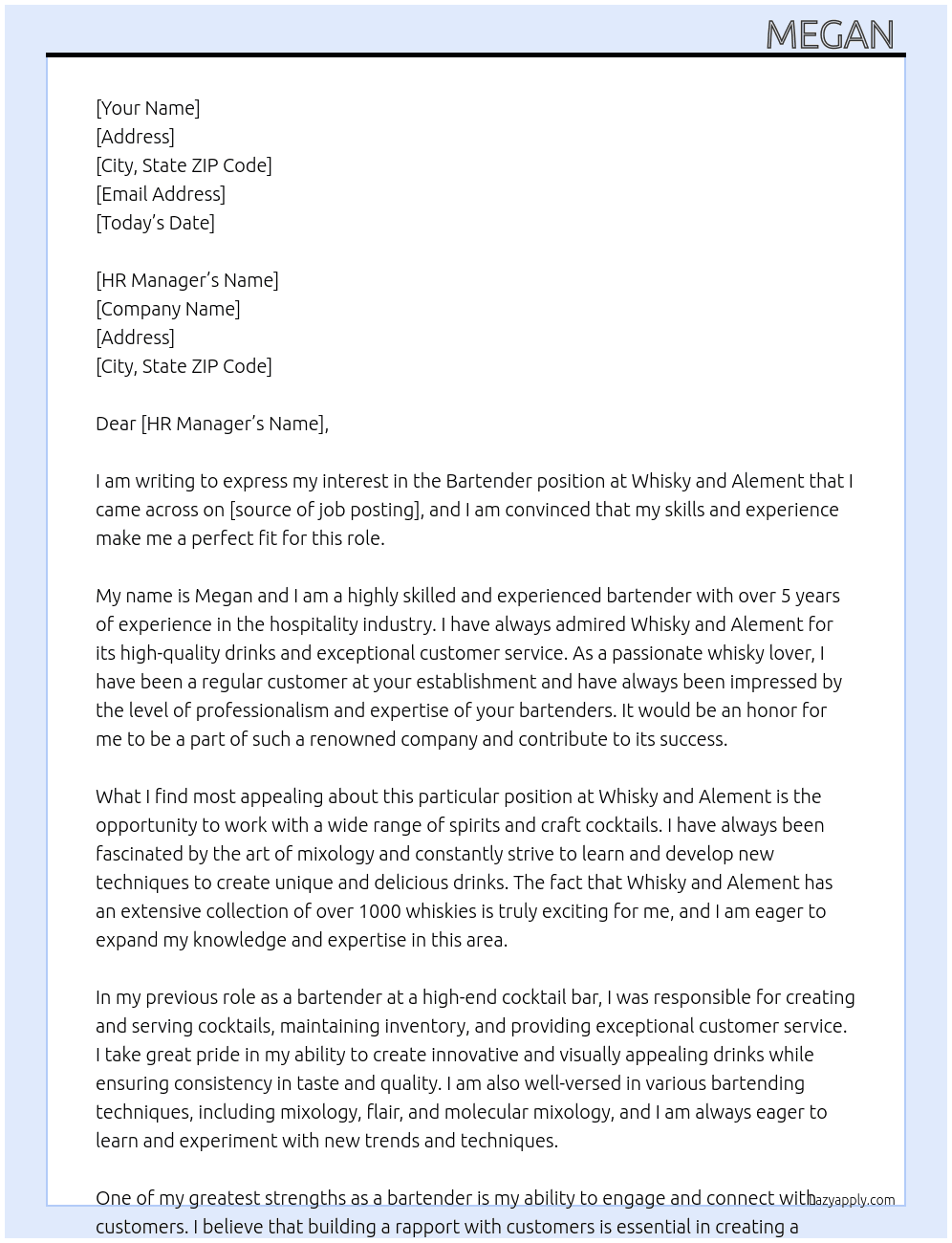 Bartender  At Whisky and Alement Cover Letter