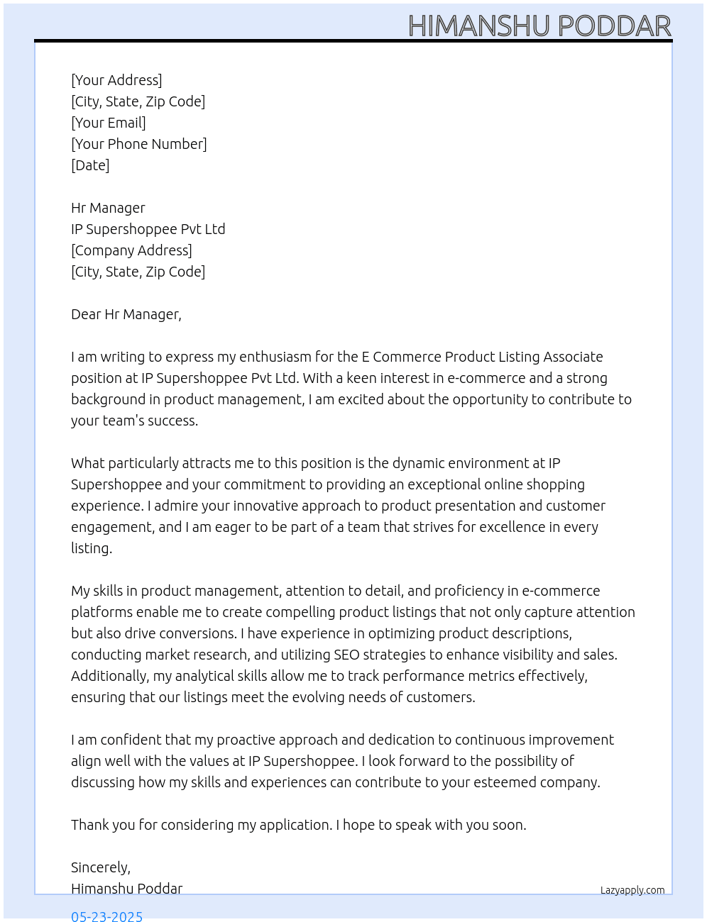 E COMMERCE PRODUCT LISTING ASSOCIATE At IP SUPERSHOPPEE PVT LTD Cover Letter
