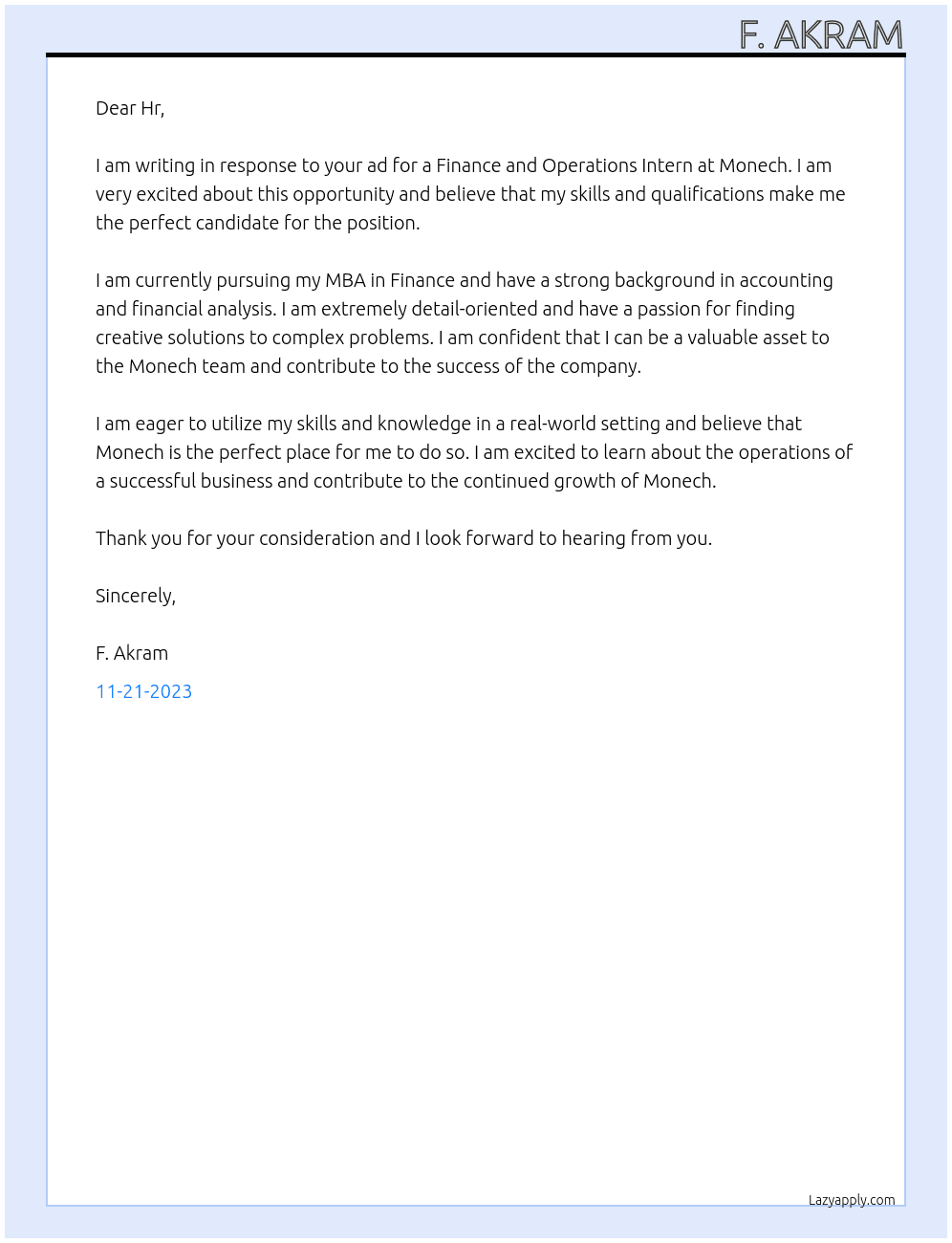 Finance and operations intern At Monech Cover Letter