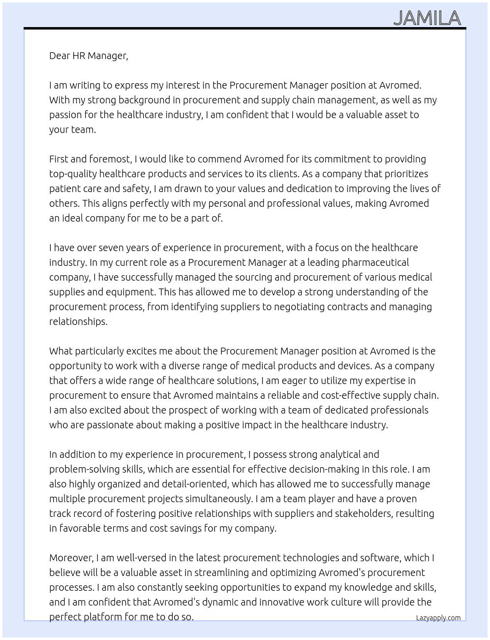 Procurement manager At Avromed  Cover Letter