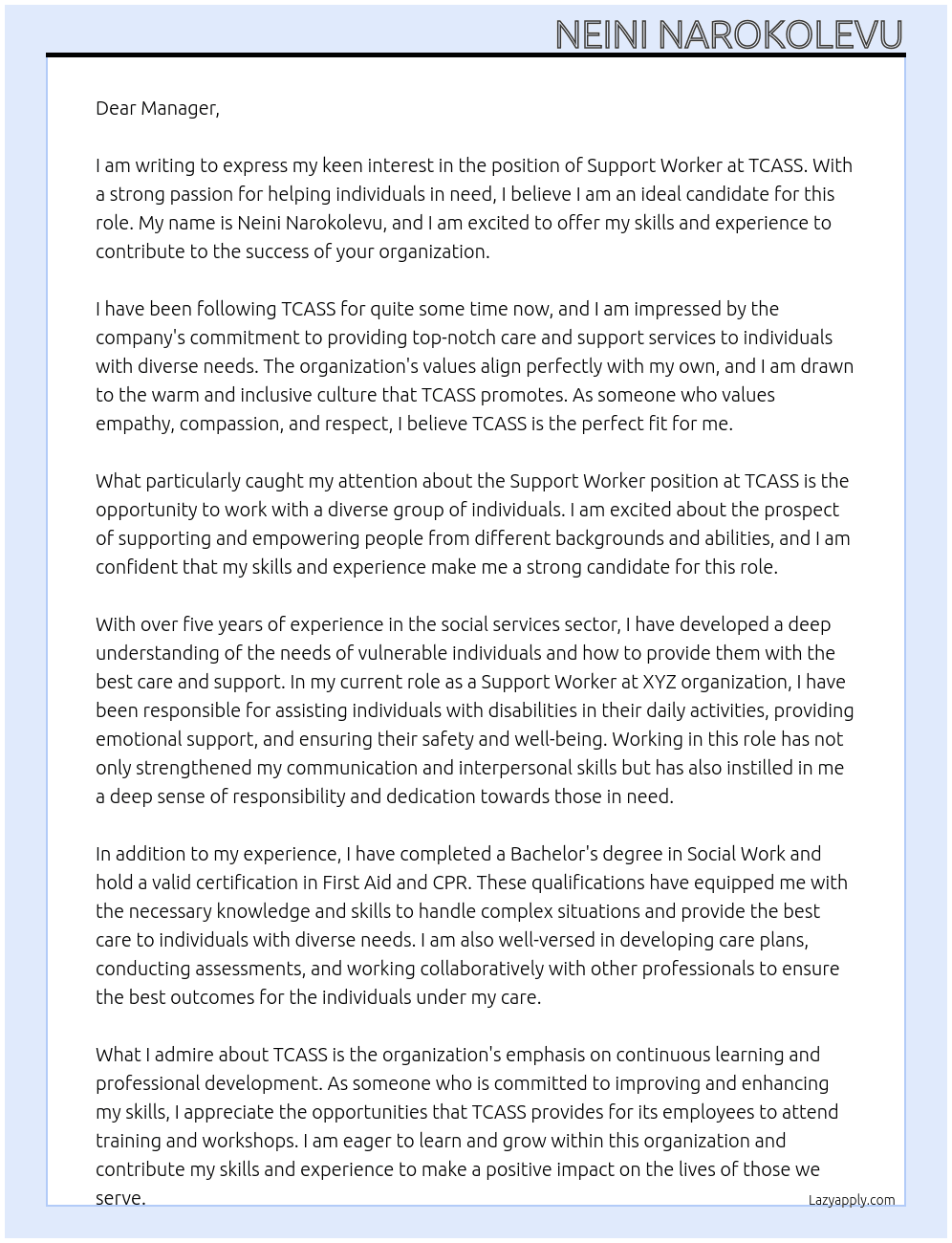 SUPPORT WORKER At TCASS Cover Letter