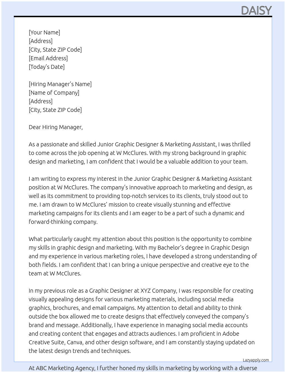 Junior Graphic Designer & Marketing Assistant At W McClures  Cover Letter