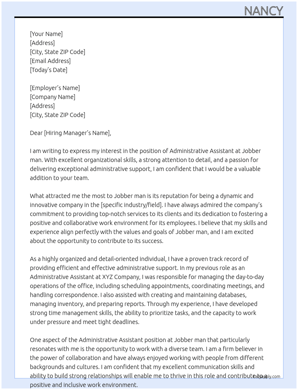 Administrative Assistant  At Jobber man Cover Letter