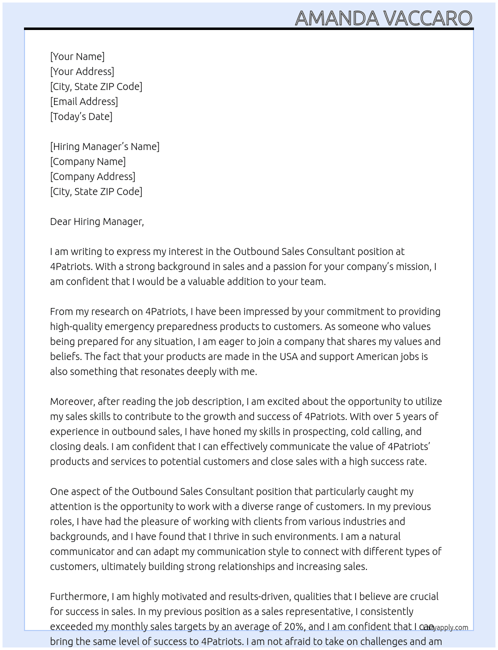 Outbound sales consultant  At 4Patriots Cover Letter