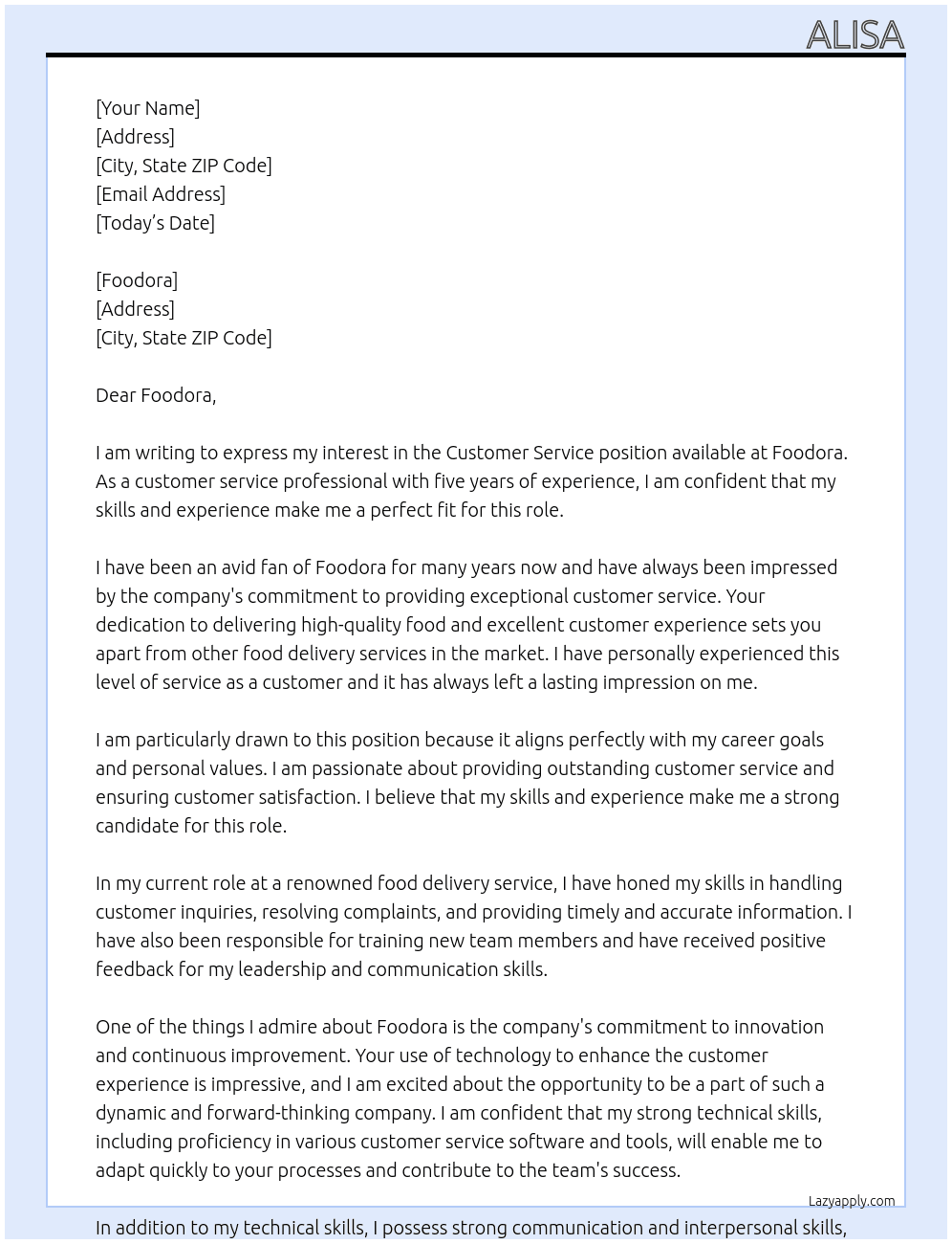 customer service At fodoora Cover Letter
