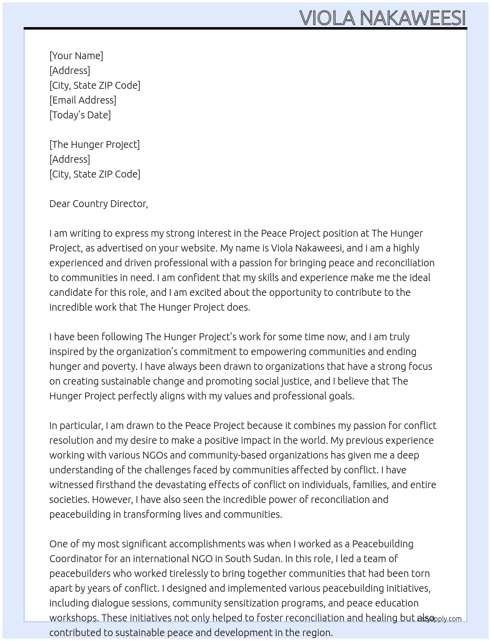 Cover letter for peace project - LazyApply