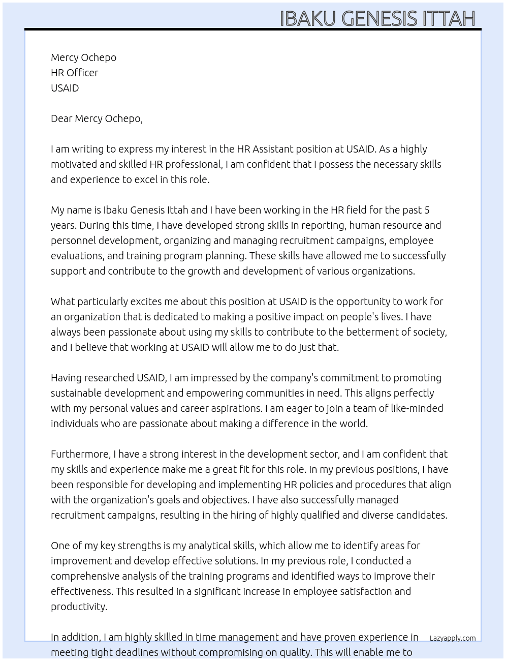 HR Assistant  At USAID  Cover Letter