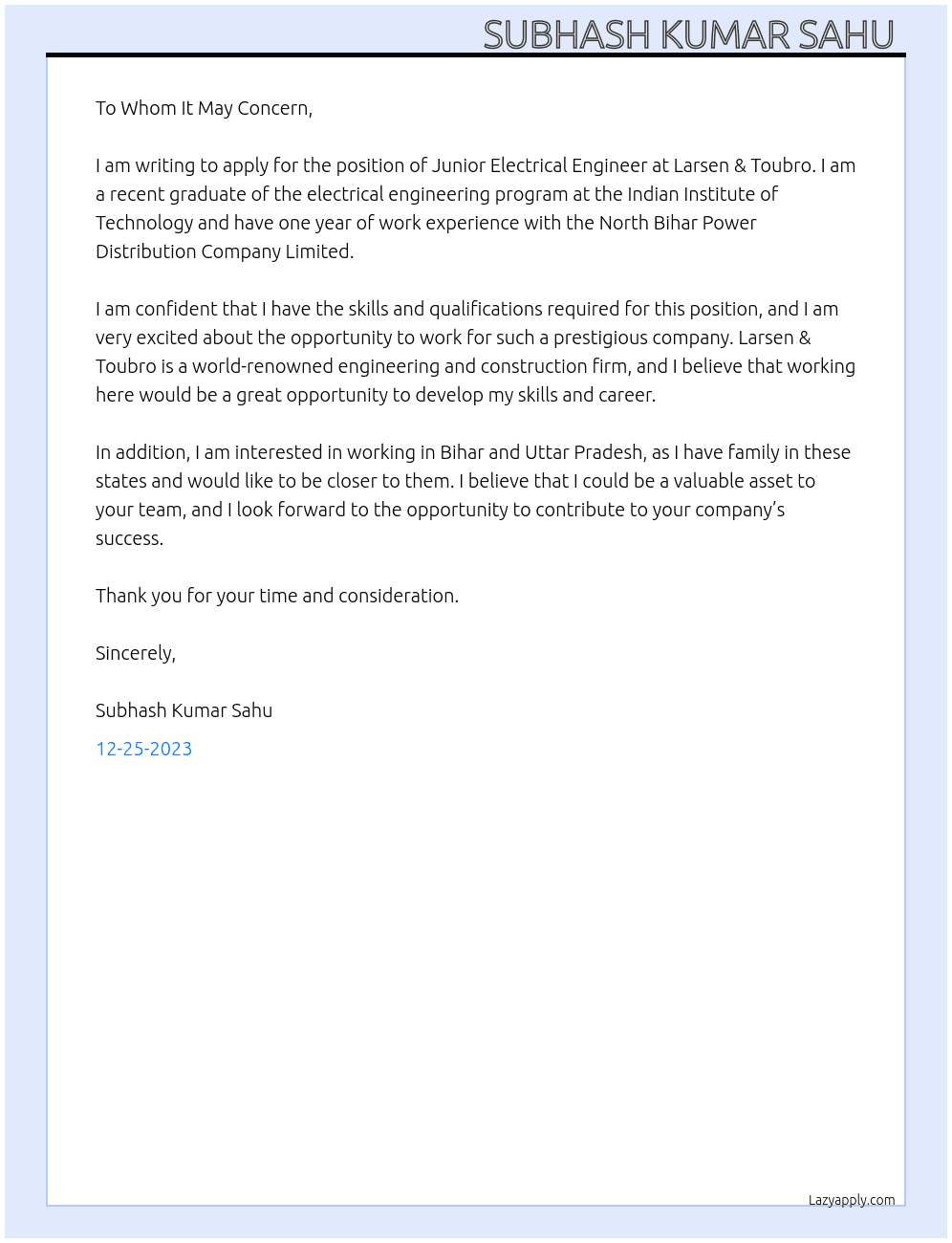 JUNIOR ELECTRICAL ENGINEER At L&T Cover Letter