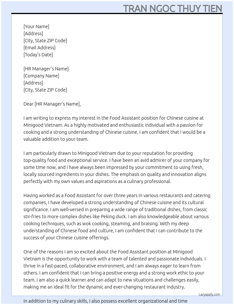Food Assistant - Chinese At Minigood Vietnam Cover Letter