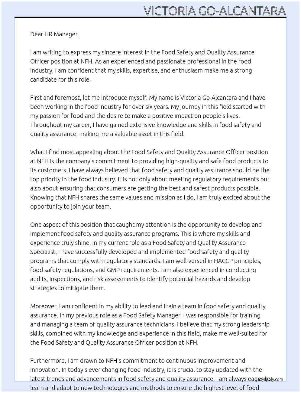 Food safety and quality assurance officer At NFH Cover Letter