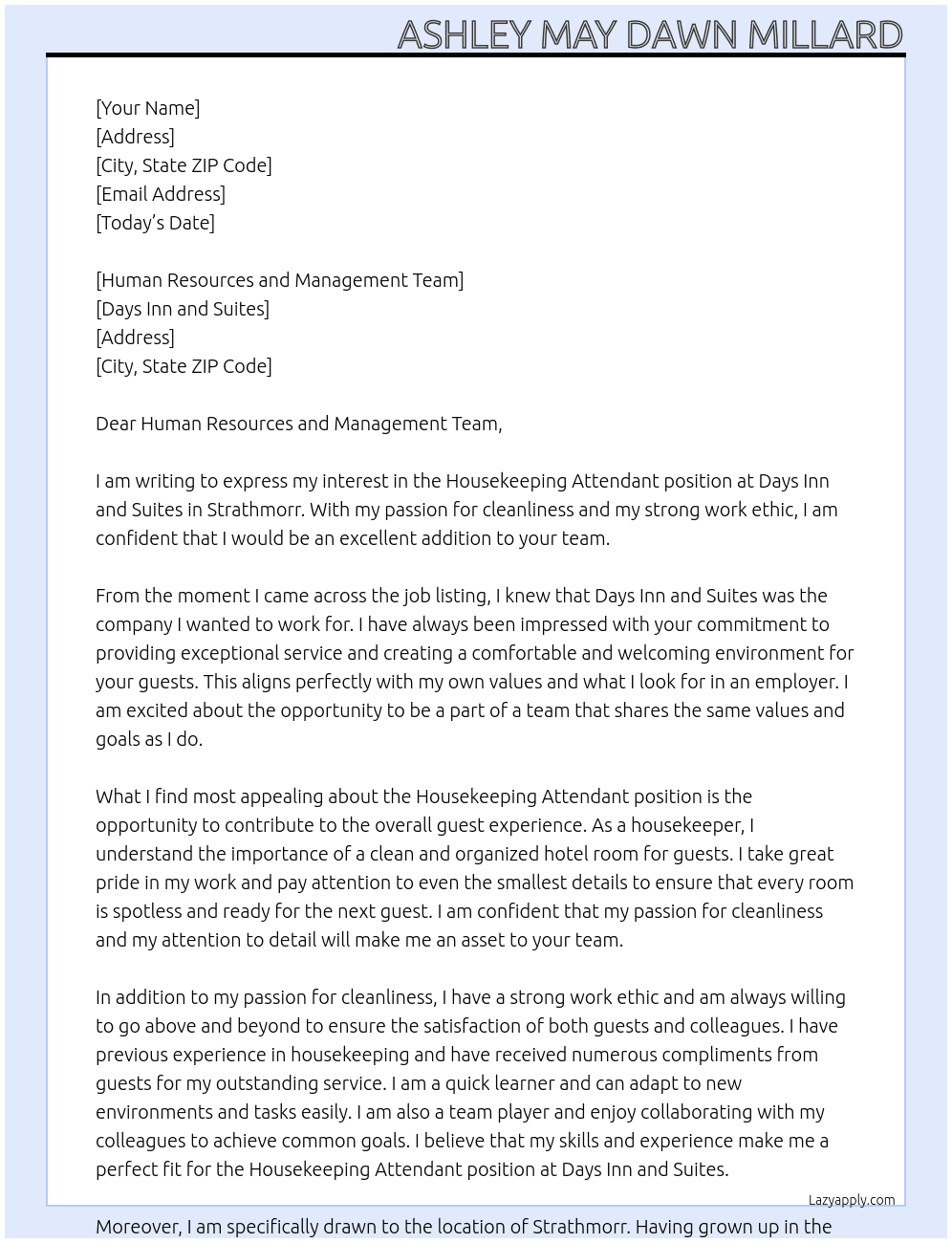 Housekeeping attendent At Days inn and suites Cover Letter