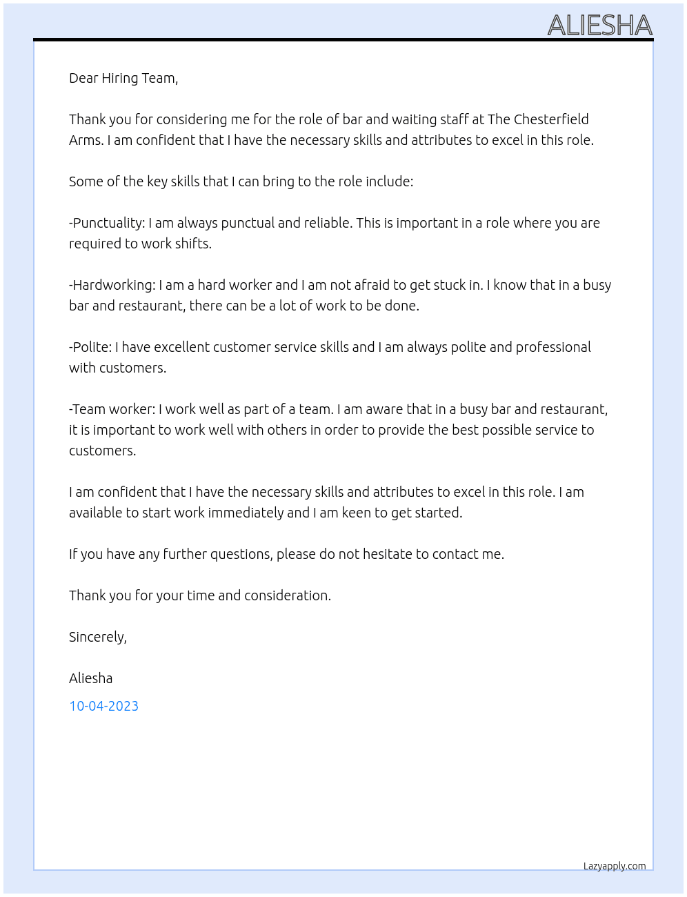 Bar and Waiting Staff At The Chesterfield Arms Cover Letter