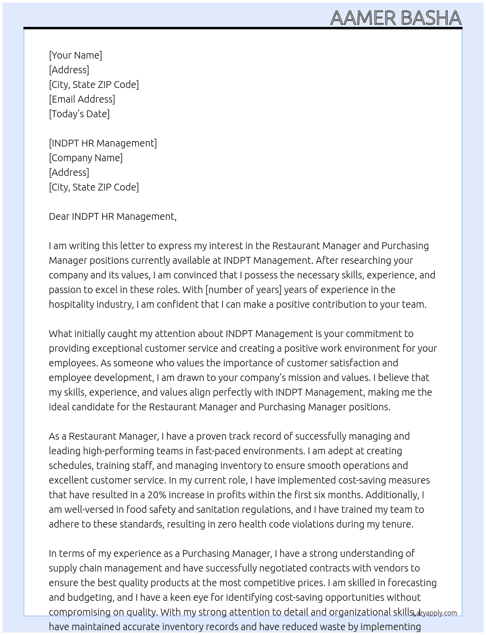 restaurant manger and purchsing manager At INDPT management  Cover Letter