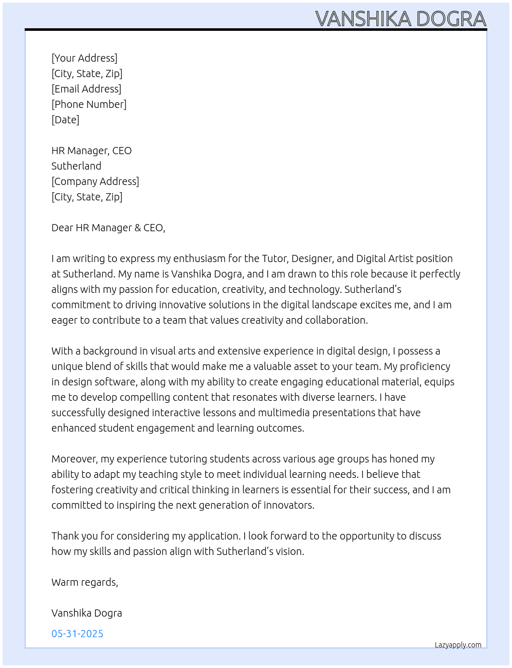 Cover letter for tutor and designer and digital artist - LazyApply