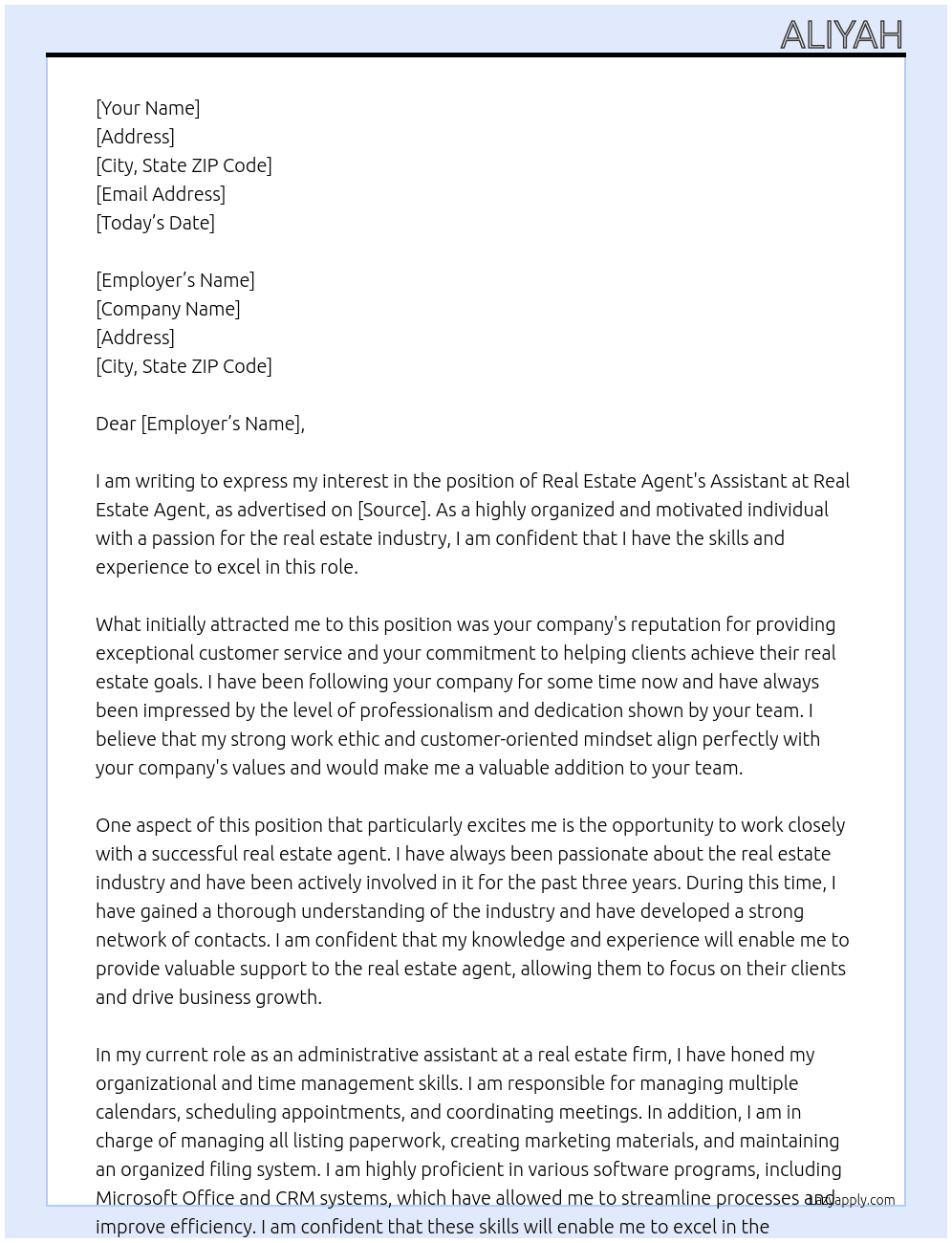 Real estate agent's assistant At Real estate agent Cover Letter