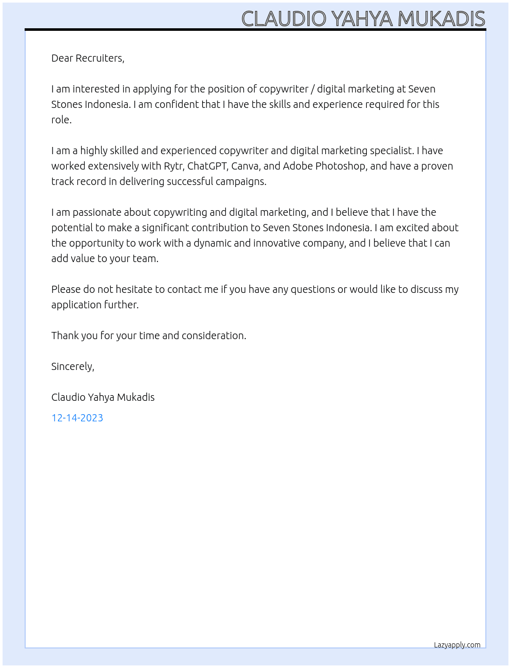 Copywriter / Digital Marketing At Seven Stones Indonesia Cover Letter