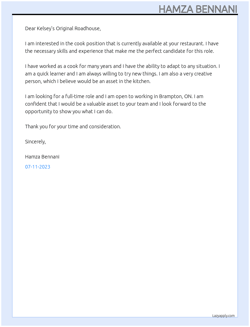 cook At Kelsey's Original Roadhouse Cover Letter