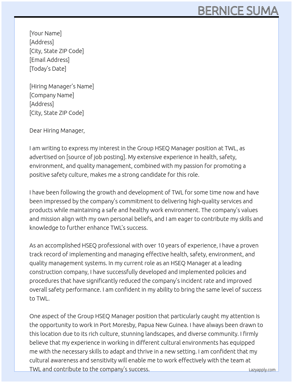 Group HSEQ Manager At TWL Cover Letter