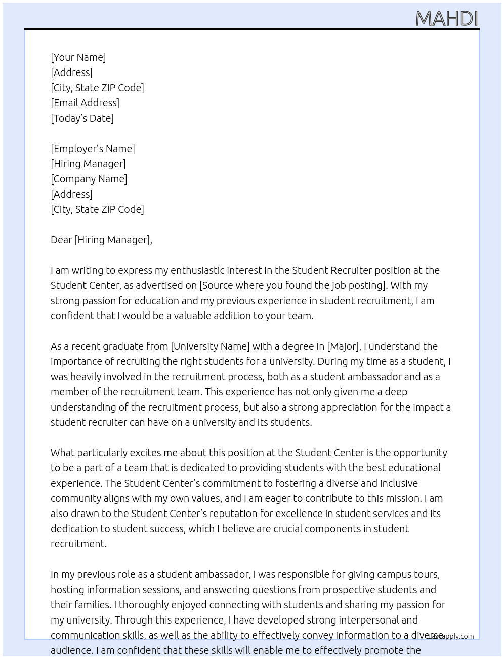 Student recruiter  At Student center  Cover Letter