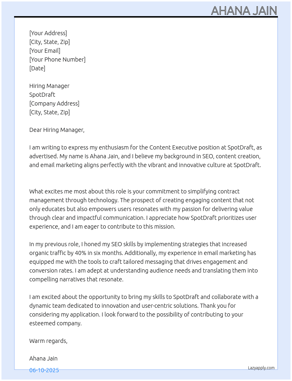 content executive At SpotDraft Cover Letter