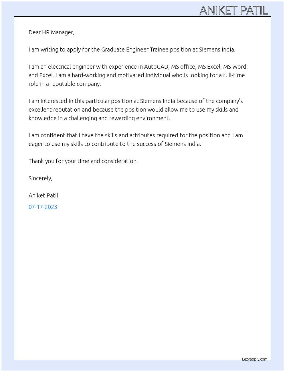 Graduate engineer trainee  At Siemens India  Cover Letter