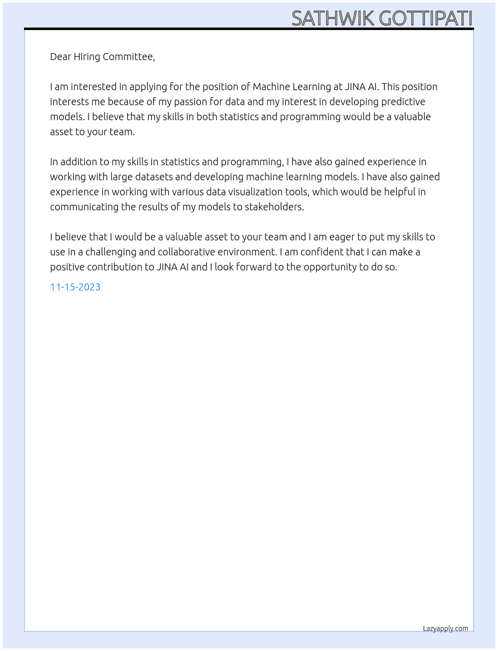 Machine learning At JINA AI  Cover Letter