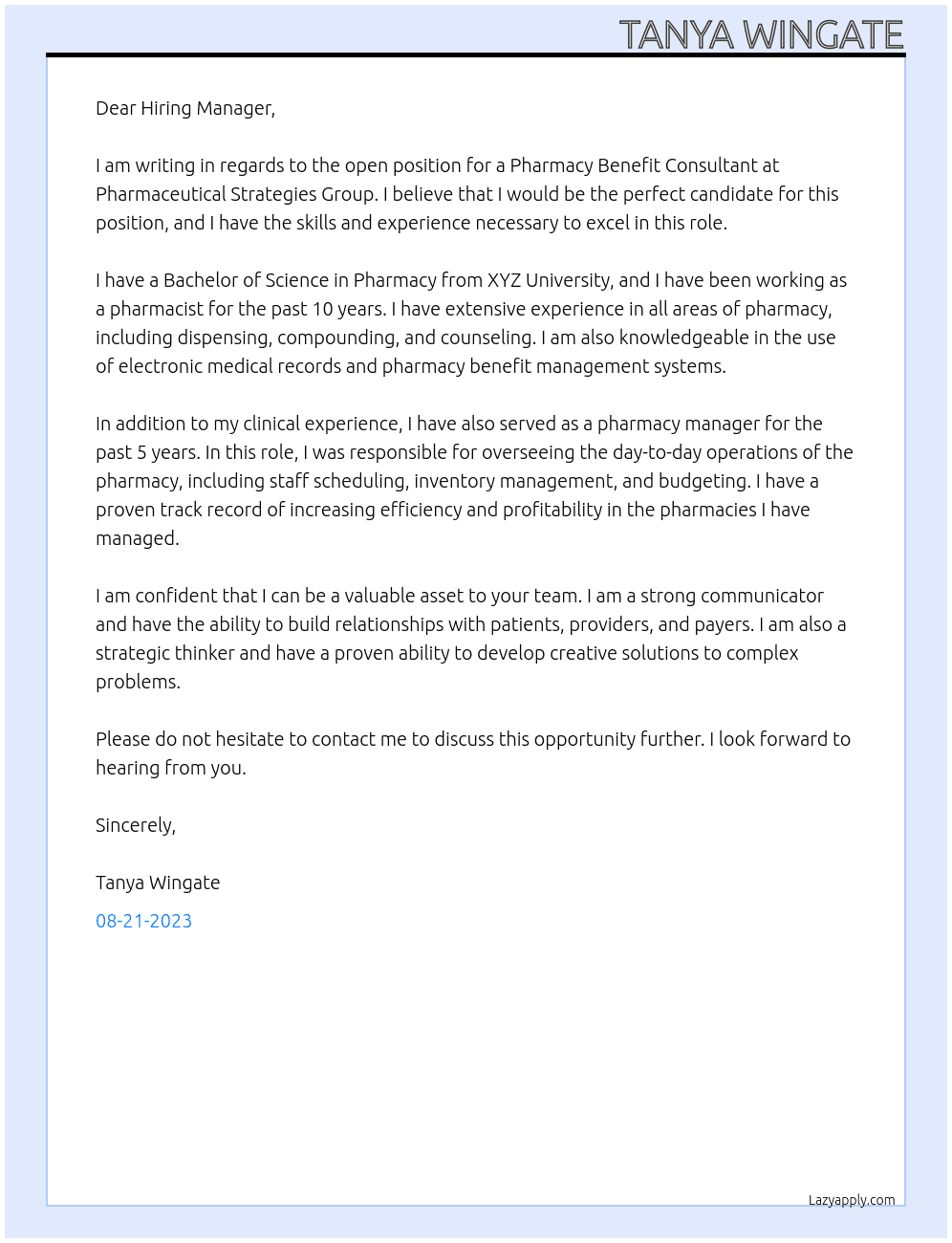 Pharmacy Benefit Consultant - Employer At Pharmaceutical Strategies Group Cover Letter