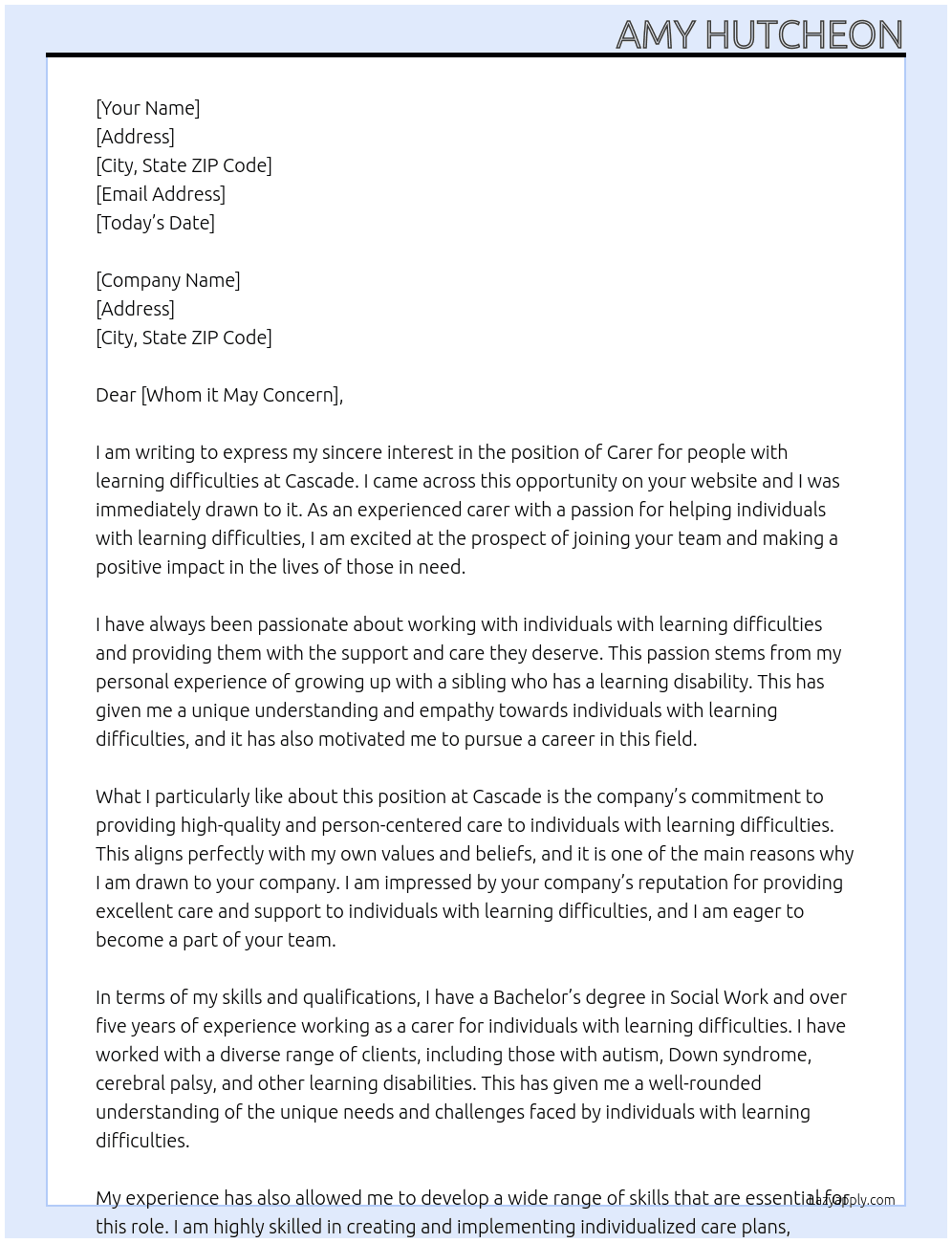 Carer for people with learning difficulties At Cascade Cover Letter