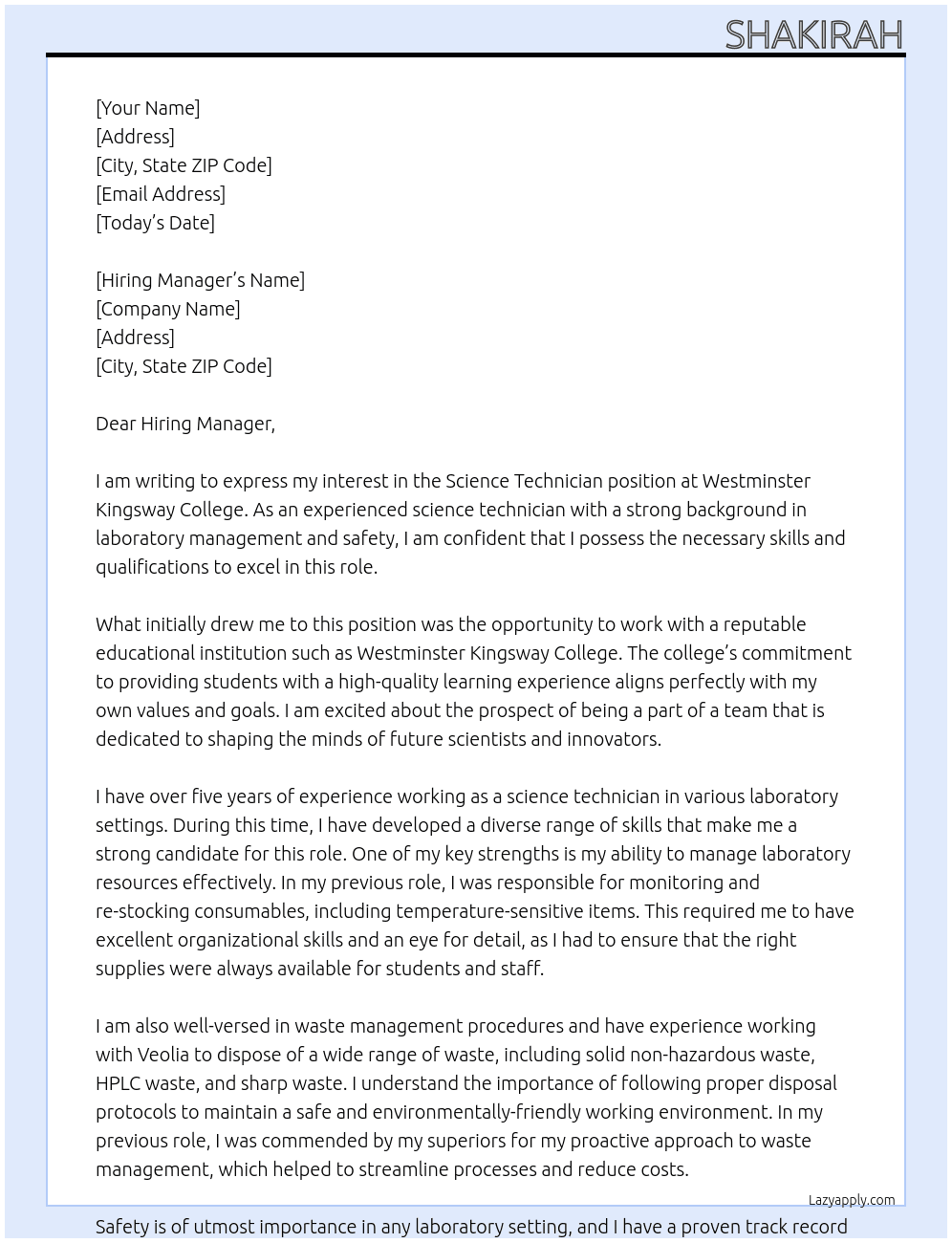 Science Technician At  Westminster Kingsway College Cover Letter