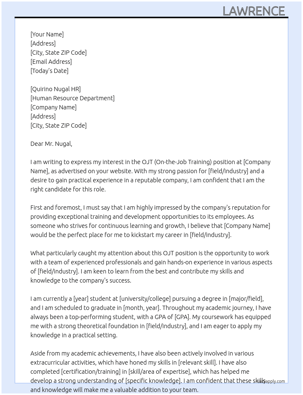 OJT applicant At Human Resource Cover Letter