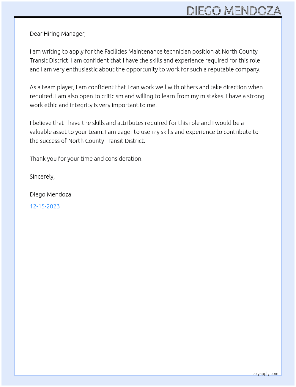 Facilities Maintenance technician At North County Transit District Cover Letter