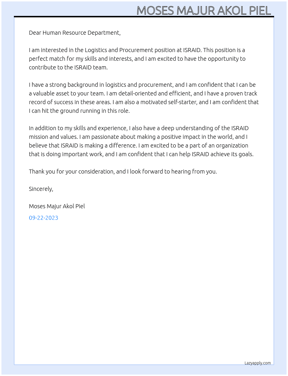 Logistics and procurement  At ISRAID Cover Letter