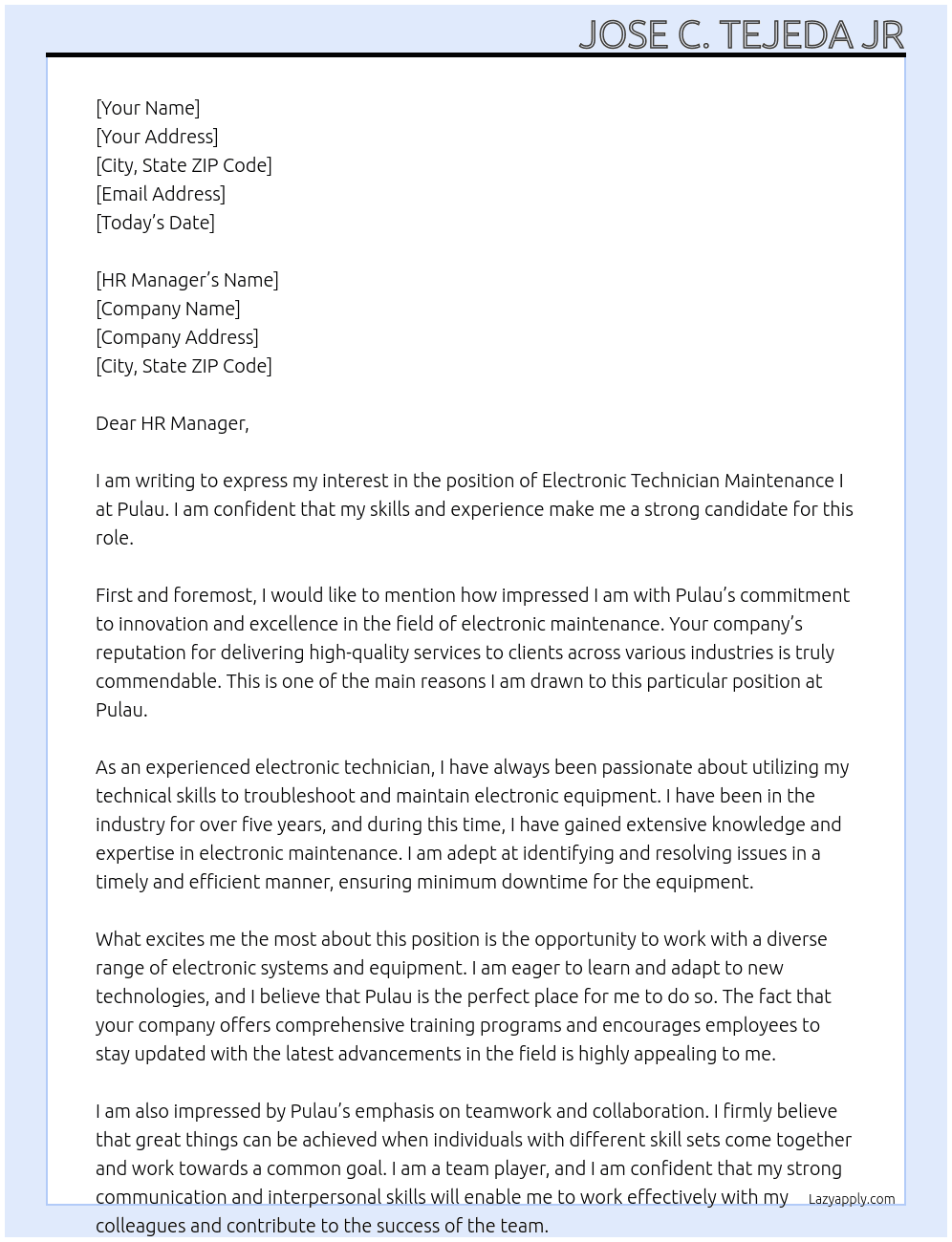 Electronic Technician Maintenance I At Pulau Cover Letter