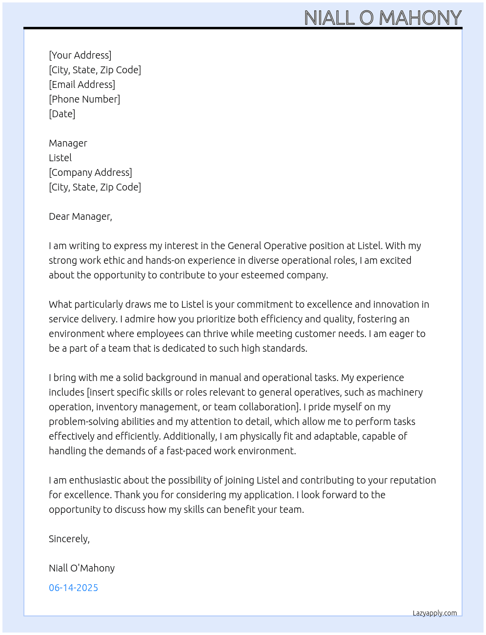 general operative At listel Cover Letter