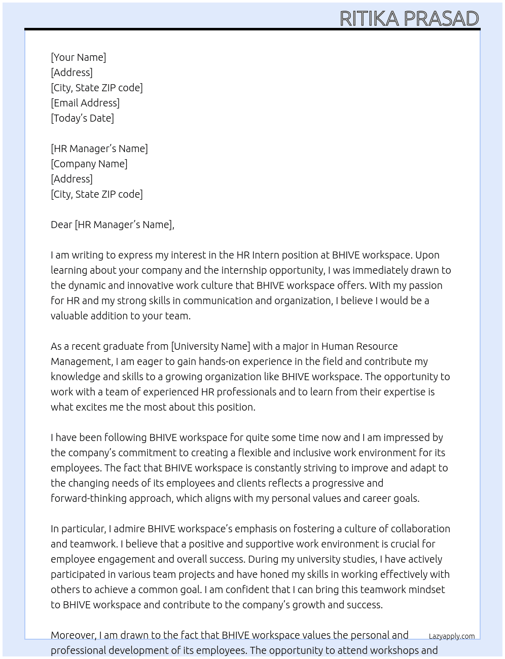 HR intern At BHIVE workspace Cover Letter