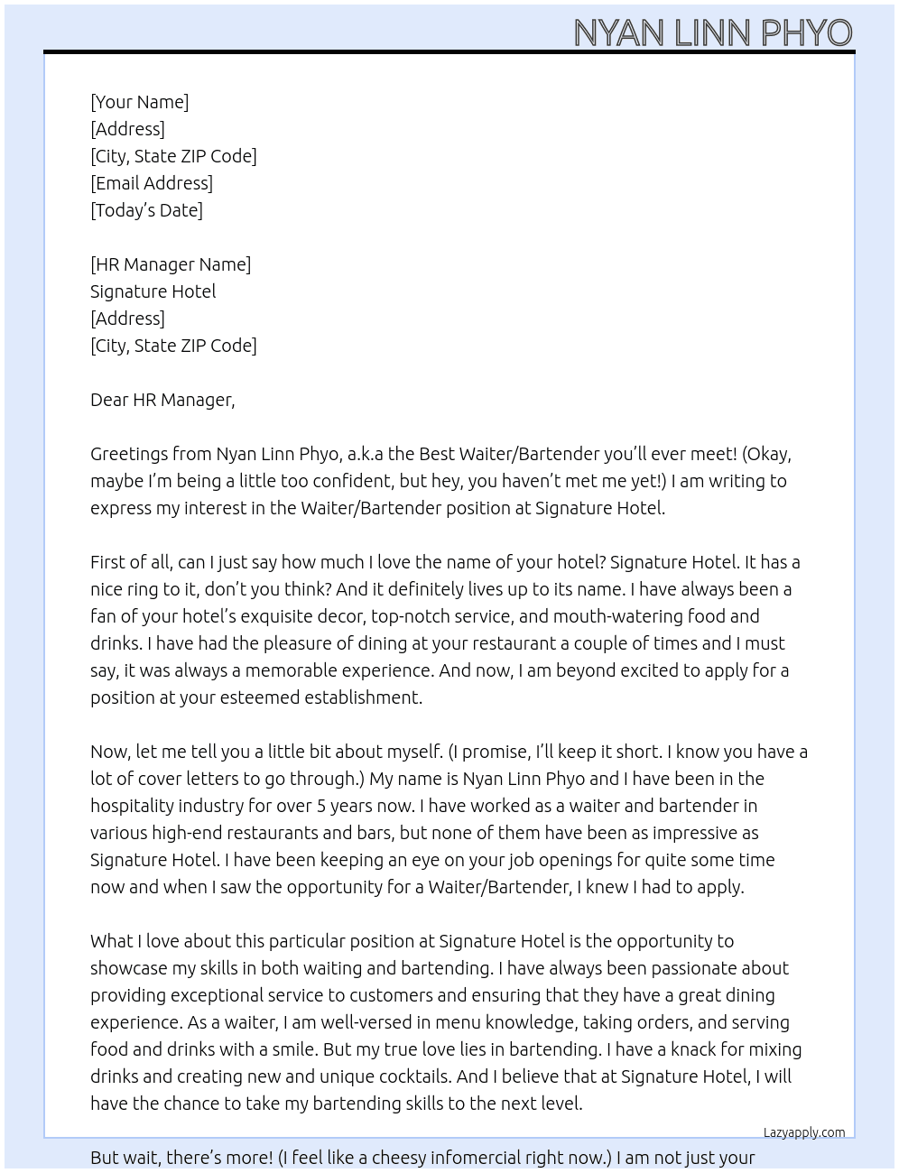 Waiter/Bartender At Signature Hotel Cover Letter