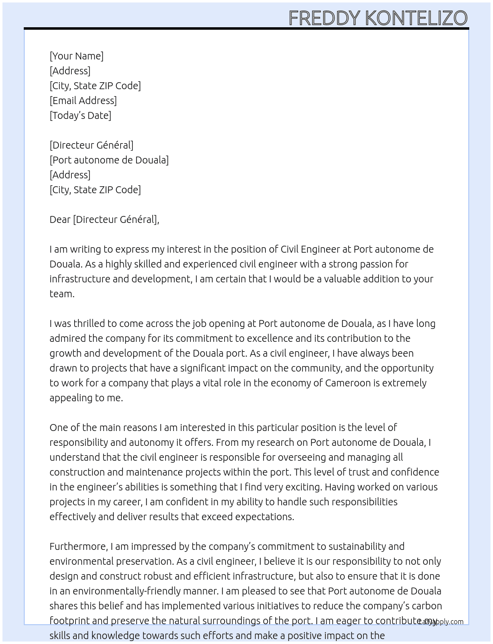 Civil engineer At Port autonome de Douala Cover Letter