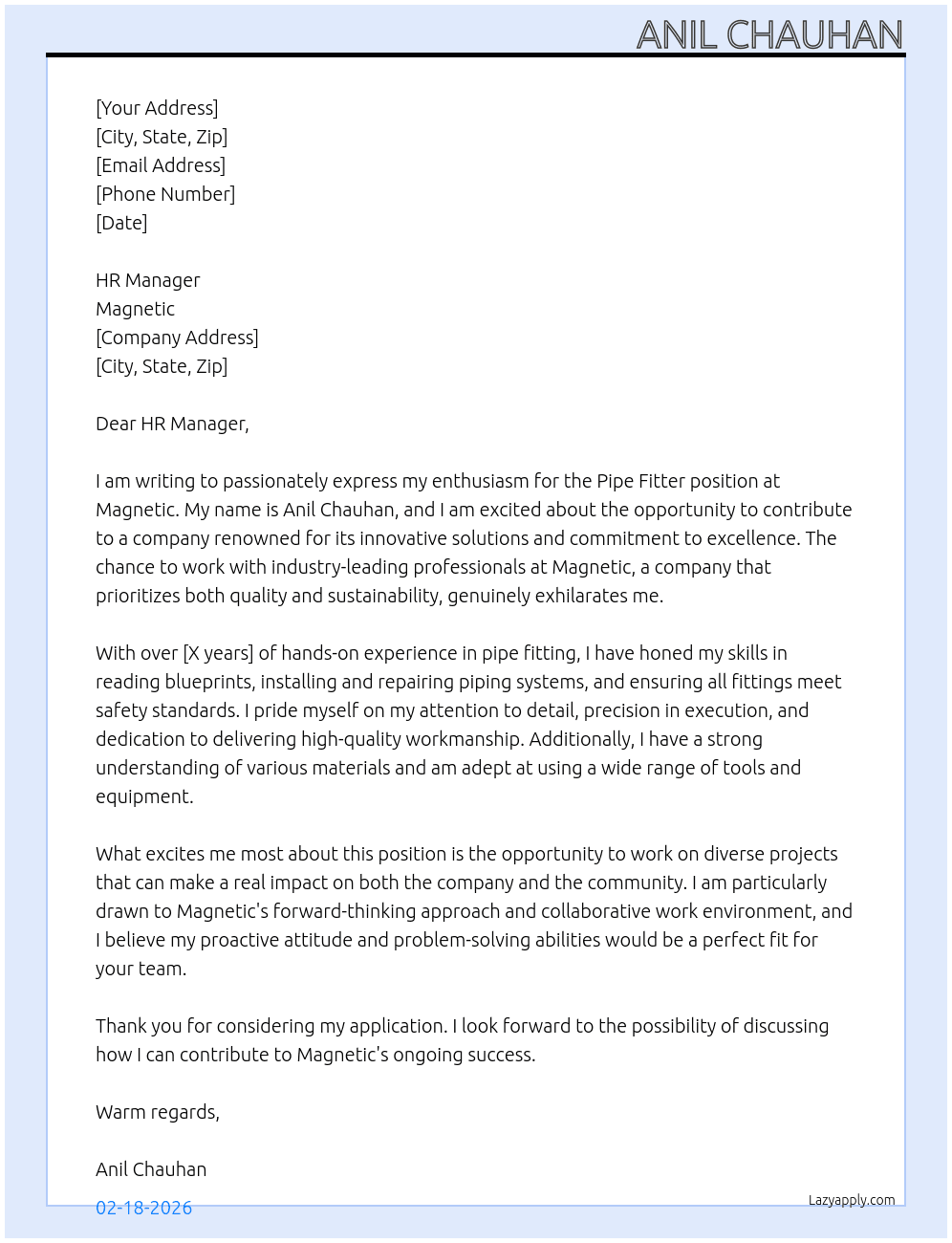 PIPE FITTER  At Magnetic  Cover Letter