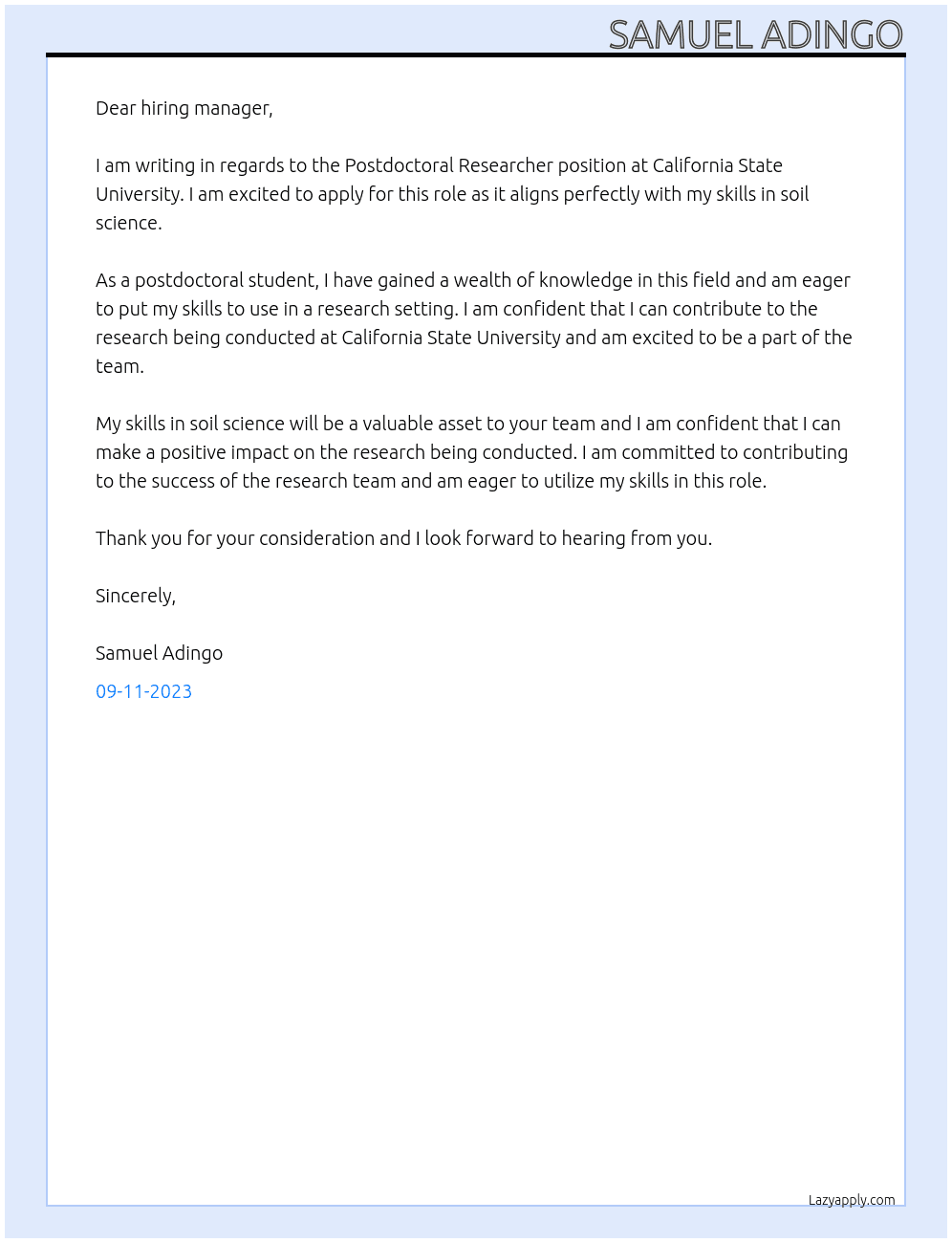 POSTDOCTORAL RESEARCHER At CALIFORNIA STATE UNIVERSITY Cover Letter