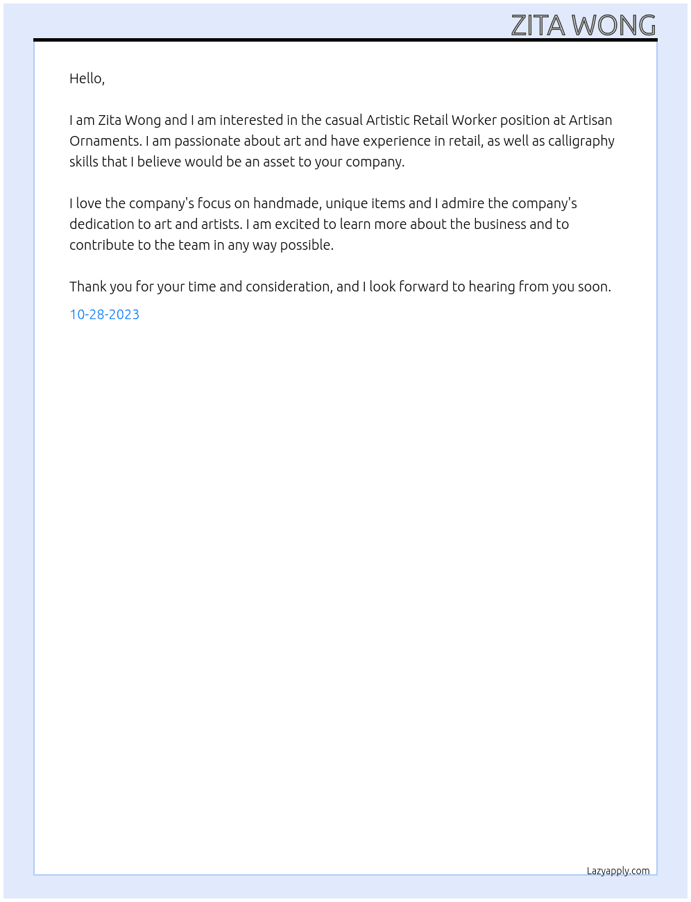 Artistic Retail Worker At Artisan Ornaments Cover Letter
