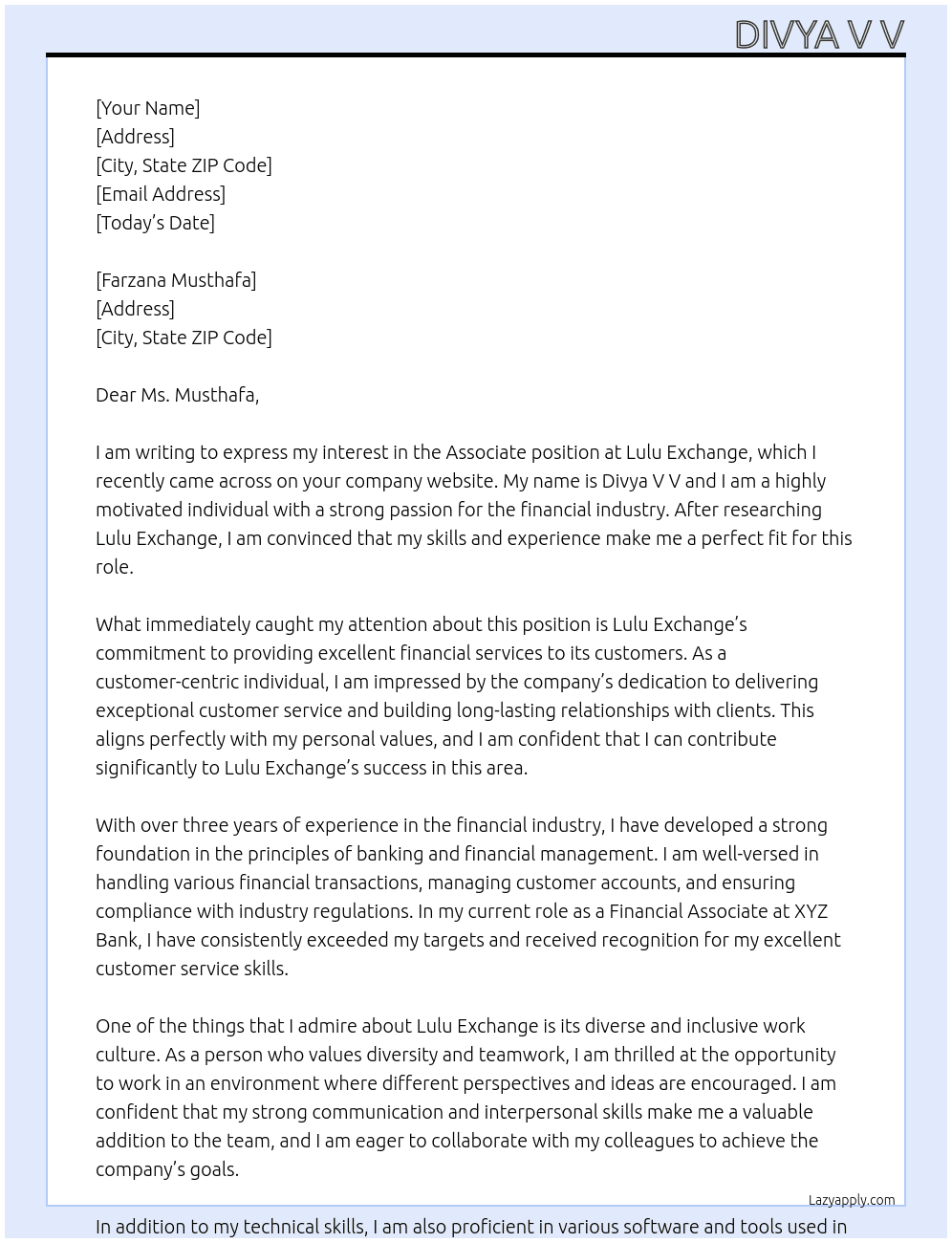 Associate At Lulu exchage Cover Letter