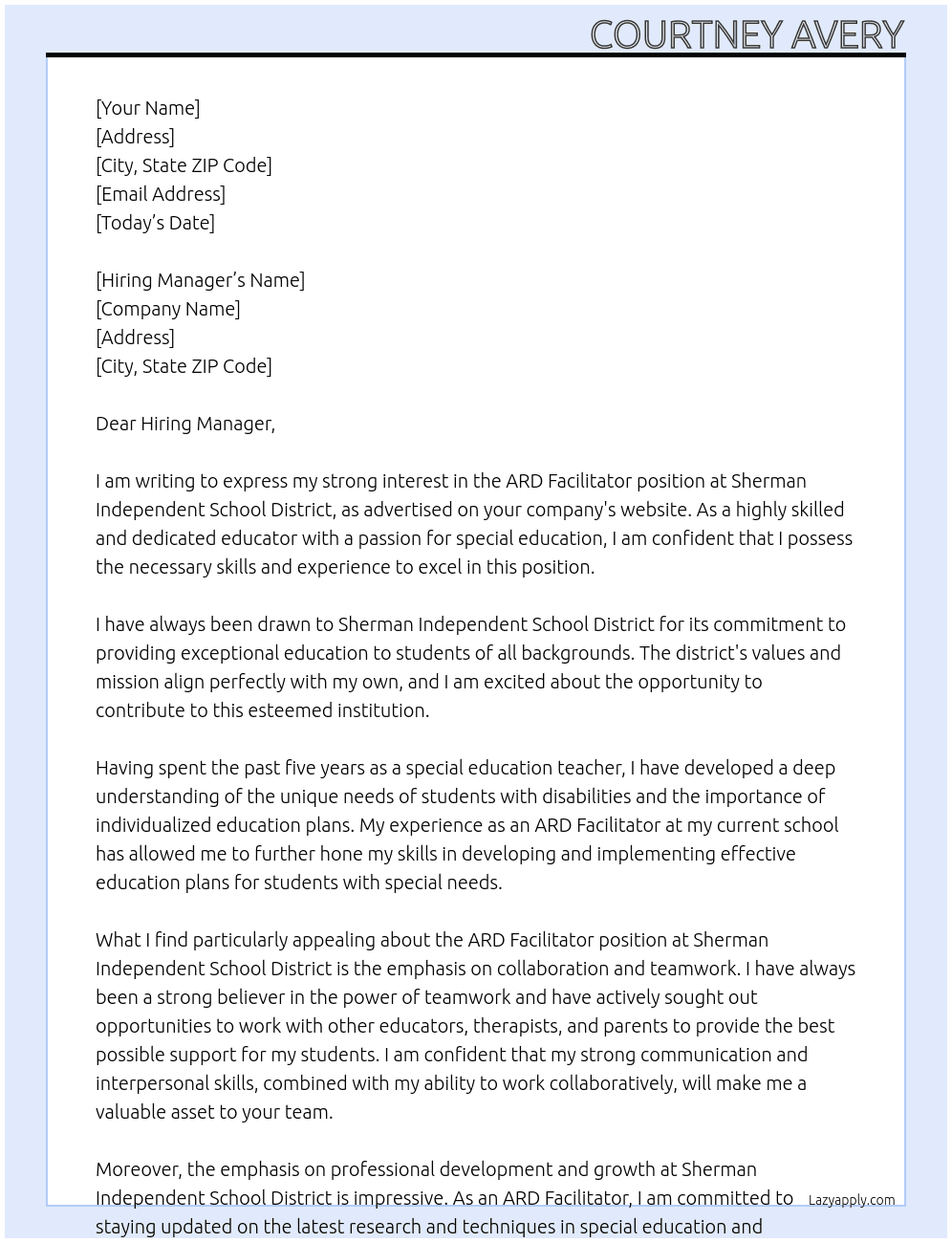 ARD Facilitator At Sherman Independent School District Cover Letter