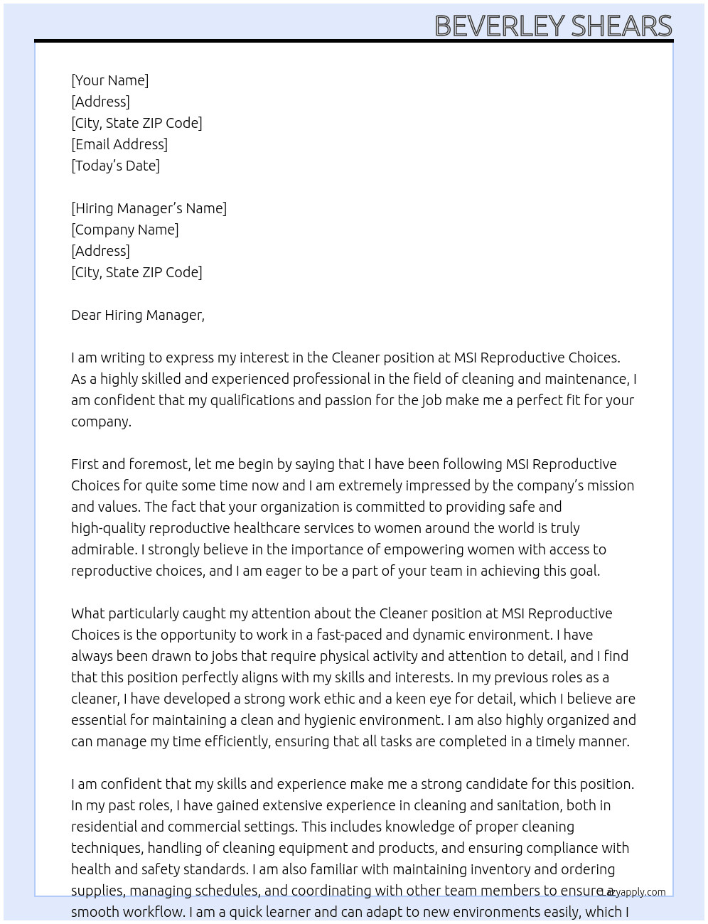 Cleaner At MSI Reproductive Choices Cover Letter