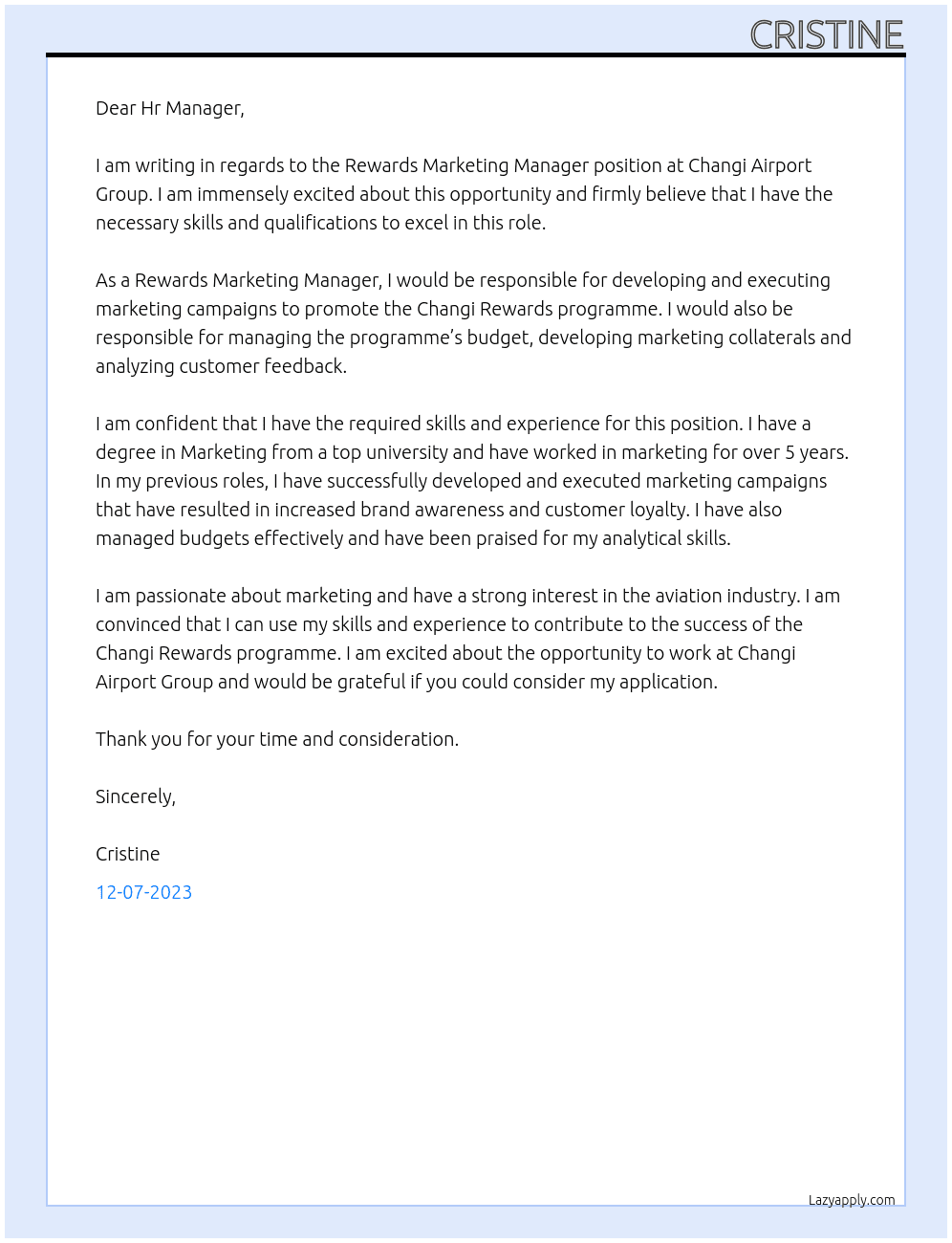Rewards Marketing Manager At Changi Airport Group Cover Letter